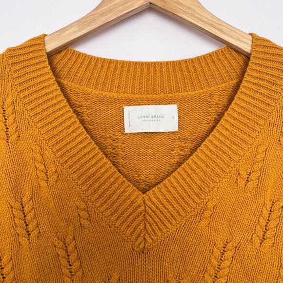 Lucky Brand Tunic Sweater Braid Stitch Drop Shoulder Oversize Size Small Mustard - Picture 8 of 16